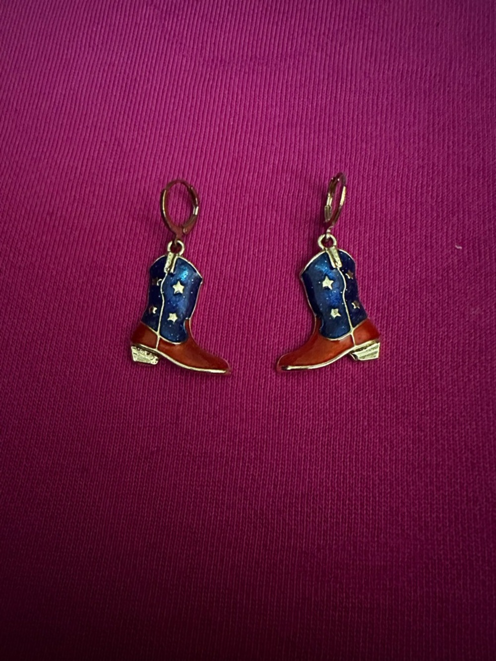 Cowboy Boot Dangle Earrings - Blue & Brown Enamel